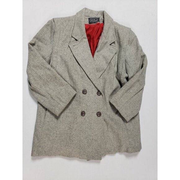 Ms. Freddi Vtg Wool Coat Gray Herringbone Red Lining Hip Length Double Breasted - Picture 1 of 8